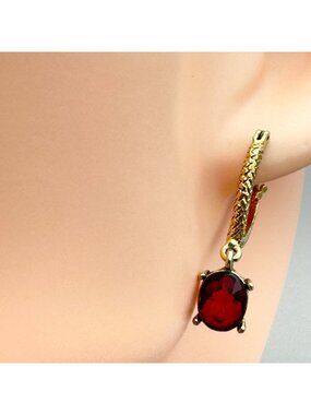 Vintage Gold Tone Hoop Earrings With Garnet Red Glass Oval Stones